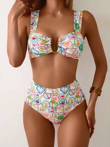 Bộ bikini hai mảnh mùa hè giản dị, thanh lịch, chất liệu vải in họa tiết, dây đeo rộng, cúp ngực mềm mại, chi tiết trang trí kim loại hình chữ U ở ngực, thích hợp cho bơi lội và nghỉ mát ở bãi biển. - Nhiều màu - Xem 1