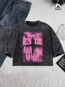 Áo thun nam dáng ngắn họa tiết đường phố Y2K mùa hè, chất liệu hơi co giãn, màu đen bạc, thích hợp mặc hàng ngày. - màu đen - Xem 1
