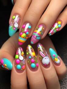 Easter Day Press On Nails - Medium Square Fake Nails With Bunny Flower Design - Pink False Nails Press Ons - For Women 24 Pcs - Multicolor - View 1