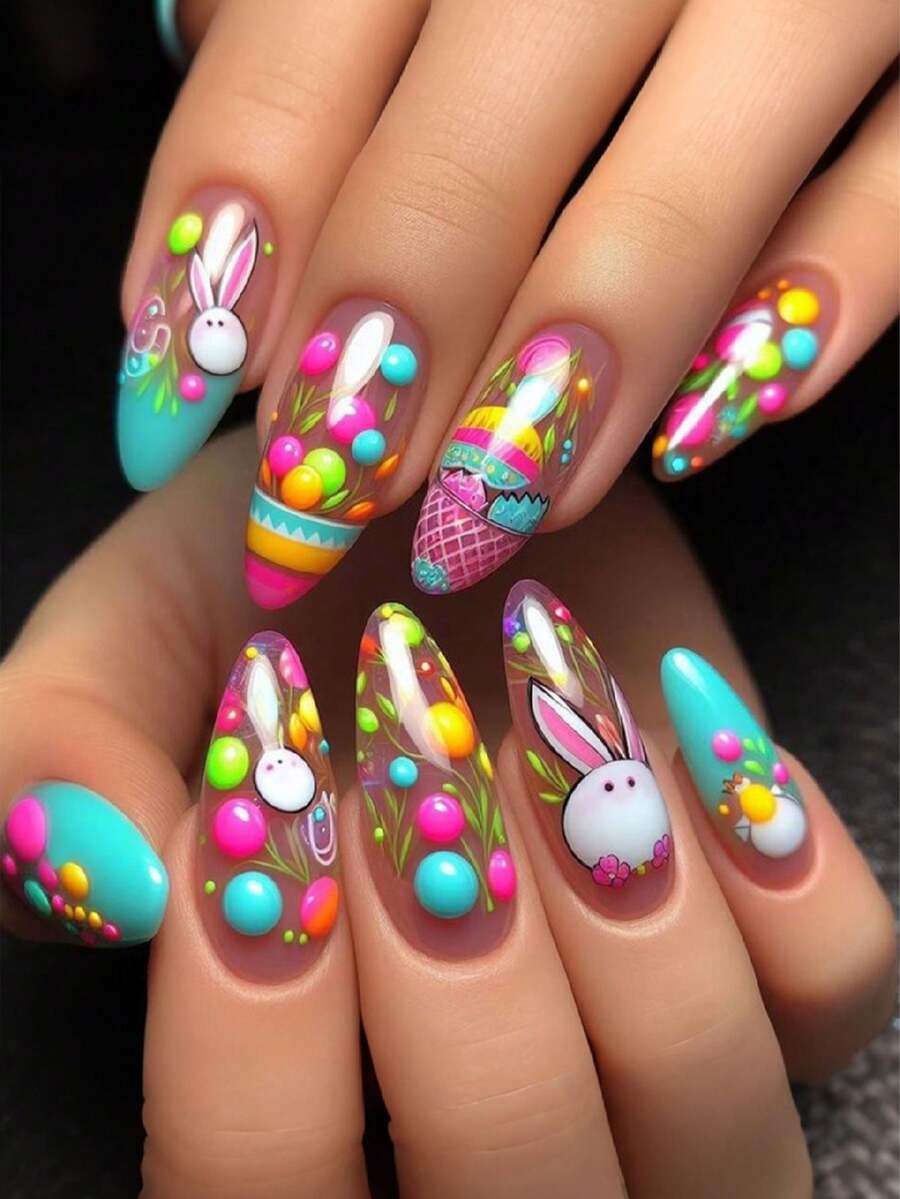 Easter Day Press On Nails - Medium Square Fake Nails With Bunny Flower Design - Pink False Nails Press Ons - For Women 24 Pcs - Multicolor - View 1