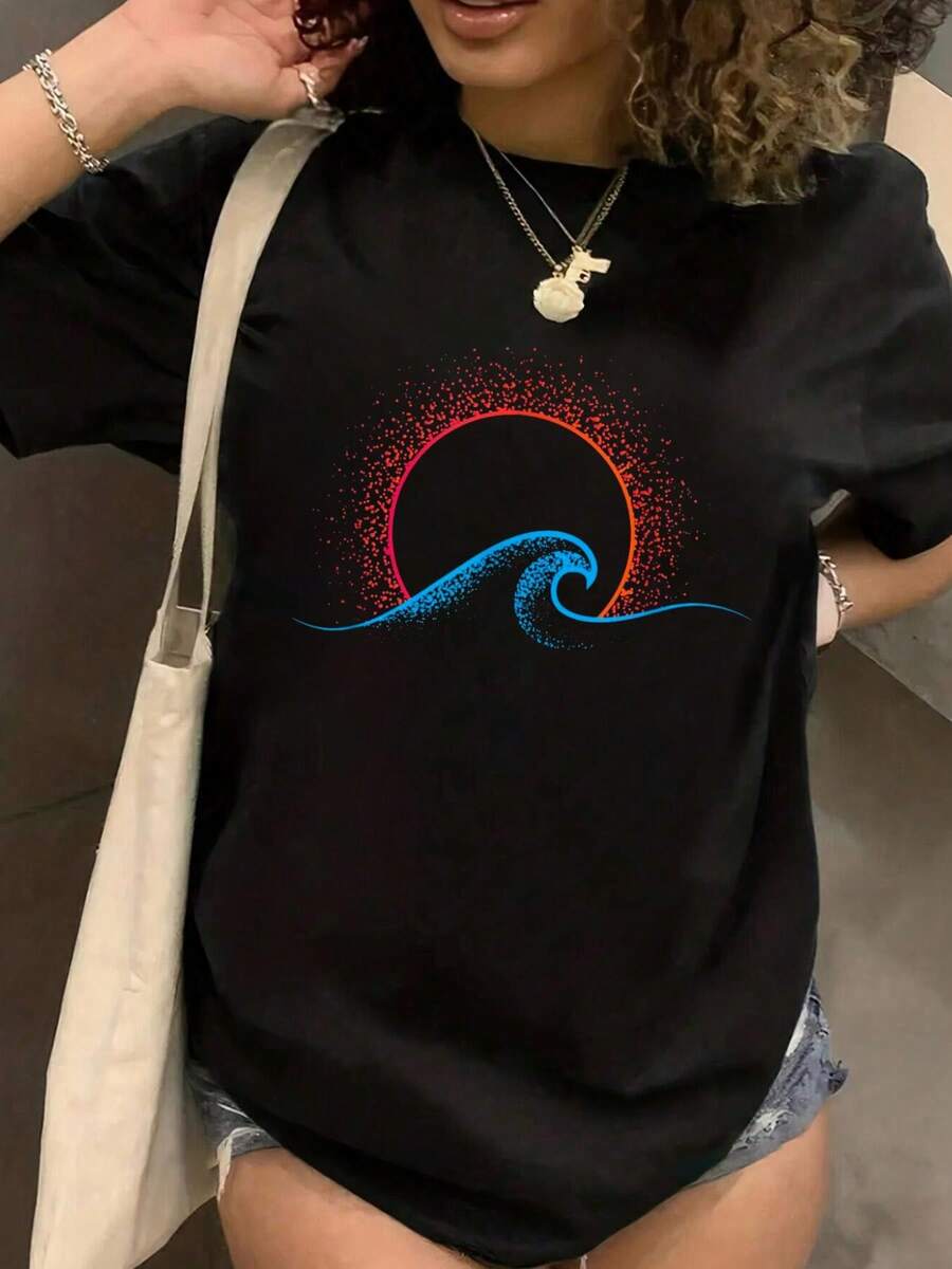 100% Algodón Maija Camiseta de Mujer Boho minimalista arte de sol y olas del océano verano en el lema Camiseta de Manga Corta Cuello Redondo Top Casual para Verano y Primavera, Ropa de Mujer - Negro - Ver 1