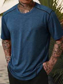 Men's Short Sleeve T-Shirt, Patchwork Stitching Decor Round Neck Top, Outdoor Casual Brand Sports Summer - Blue - View 2