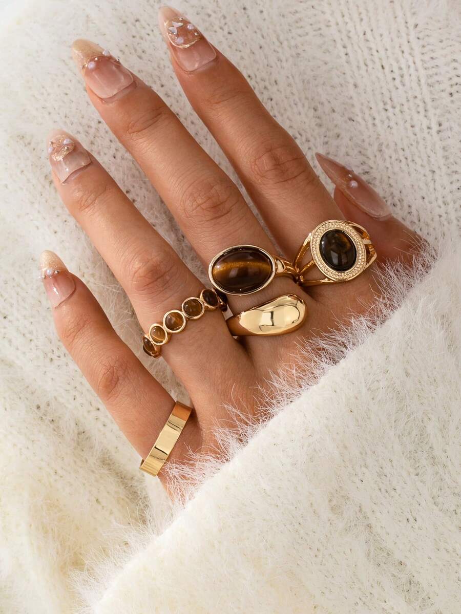4件套虎眼石镶嵌戒指，复古厚款可叠戴日常戒指，女士款 - 彩色 - 查看 1