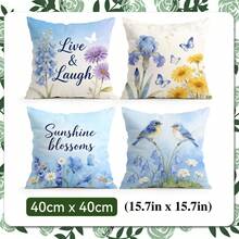 4件套蓝色水彩花卉、蝴蝶、鸟类和文字图案抱枕套，单面印花，适用于客厅、卧室、家居装饰，四季皆宜 - 彩色 - 查看 12