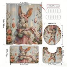 1/4pcs Easter Vintage Pink Dress Rabbit Floral Bathroom Four-Piece Set Home Decor, Bathroom Curtain, Bathroom Set, Including Shower Curtain And Bathroom Mat Set. This Decorative Bathroom Set Includes A Shower Curtain, U-Shaped Toilet Mat, Non-Slip Floor Mat, Toilet Lid Cover, And 12 Shower Curtain Hooks. It's Suitable As A Gift For Housewarmings, Birthdays, Holidays, And For Couples. - A - View 4