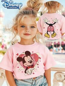 Mickey Mouse Heart Design One Cute Disney Fresh And Fashionable Round Neck T Shirt For Girls Made Of 100 Cotton Is An Ideal Choice For Daily Wear Vacation Leisure Outdoor Exploration School Life And Shopping Trips It Is A Must Have Item For Summer It Is Also An Excellent Gift For The Same Boy And Girl Every Child Deserves One - Pink - View 1