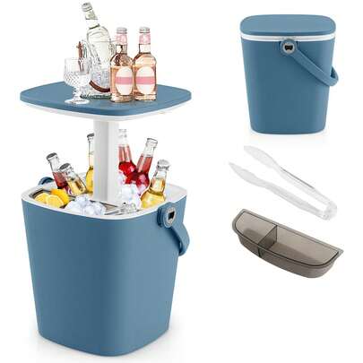  COSTWAY 3-In-1 Cooler Bar Table, 4 Gallon Weather-Resistant PP Beverage Cooler With Bottle Opener & Pop-Up Lid, Handle, Portable Design, Multifunctional Side Table For Camping, Backyard & Poolside Use, Blue