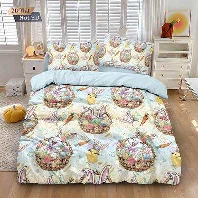 3pcs Set (1 Duvet Cover + 2 Pillowcases, No Filler), Easter Creative Colorful Cute Rabbit, Eggs, Flowers Digital Printing Bedding Set, Soft & Skin-Friendly, Suitable For All Seasons. Available In Multiple Sizes Including Plus Size To Meet Different Needs, Suitable For All People And Rooms. Zipper Closure, Machine Washable, Excellent Bedroom Decor, Also Suitable As A Gift.