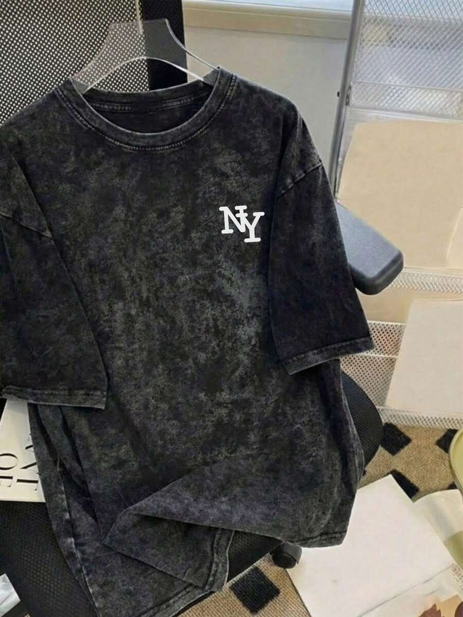 日系女式宽松圆领时尚百搭字母印花扎染短袖T恤，春夏款 - 黑色 - 查看 1