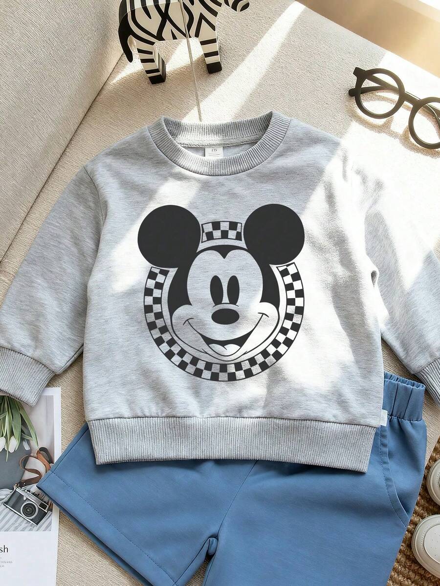 Disney Official Licensed Mickey Mouse Checkerboard Print Boys Casual Style Sweatshirt Soft Comfortable Easy To Wear Ideal For Daily Casual Outings Home Comfort And Playful Everyday Style - 灰色 - 查看 1