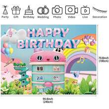 Ideal For Birthday Party Decorations And Suitable For Both Indoor A 2D Flat Backdrop Featuring A Cartoon Dollhouse Theme Made Of Polyester Fabric, Showcasing A Whimsical Tale Design With Pink And Blue Houses, Clouds, Butterflies, And Musical Notes - Multicolor - View 15
