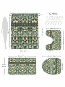 四件套绿色花卉浴室套装，包括浴帘、地垫、U型马桶垫、马桶盖套、防水浴帘、现代风格浴室隔断帘，无需钻孔，涤纶材质，可机洗 - 彩色 - 查看 5
