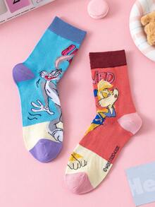 Noctvar OBM Sleepwear X LOONEY TUNES 两双装兔子和鹦鹉图案女士中筒袜，可爱卡通独特设计，傲娇兔子时尚夏季袜，防臭透气休闲船袜，适合学生/成人作为礼物或日常穿着，情侣款 - 彩色 - 查看 2