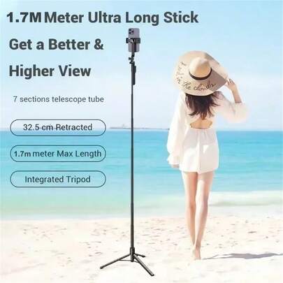 Roreta 2026 New 1.7M Wireless Selfie Tripod Foldable Stand For Action Cameras Smartphones Balance Steady Shooting Live For Handheld Selfie, Outdoor Activities, Interviews Compatible With Iphone Android Phone For Summer Vacation, Travel,Outdoor Activities, Live Streaming Selfie Stick