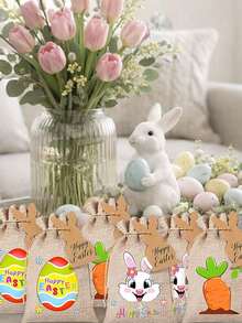 12/6/1pc 13*18cm Easter Gift Bags Printed With Colorful Bunnies, Carrots And Eggs Patterns, Bunny Cards, Drawstring Pouches, Candy Cookie Packaging, Party Favors, Suitable For Spring Theme Parties, Birthday Parties - Multicolor - View 5