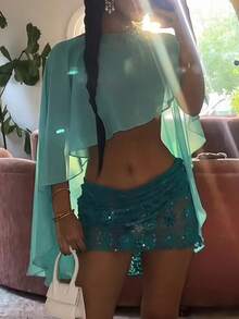 Womens Sheer Mesh Poncho Tops Solid Color Bat Sleeve Round Neck Loose Fit See Through T Shirt Crop Top Blouses Boho Chiffon Peplum Shawl Cropped Shirts Summer Beach Cover Up Going Out Tops Vacation Streetwear - Màu xanh lam - Xem 2