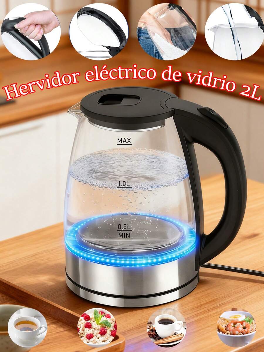 Hervidor eléctrico de vidrio transparente con luz LED 2.0L de agua hirviendo apagado automático