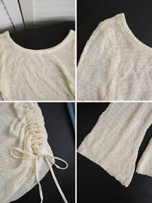 New Spring/Summer Ruched Drawstring Hollow Out Knit Cover Up Women, Flare Sleeve Asymmetric Design Sexy Top - Apricot - View 8