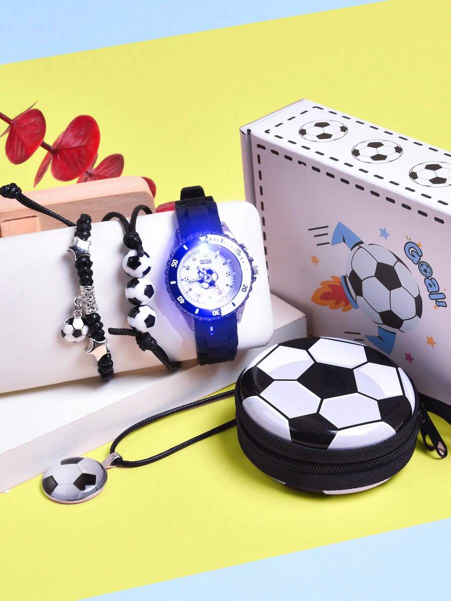 5pcs/Set 2026 New Boys' Gift Set, Including Football Sports Watch With LED Light, Quartz Wristwatch, Football Coin Purse, Earphone Storage Box, Pendant Necklace And Bracelet