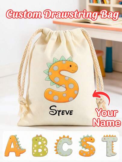 1pc Customized Name Dinosaur Letter Drawstring Bag, Large Capacity Waterproof Sports Fitness Bag, Cross-Border New Arrival Backpack, Lightweight Portable All-Purpose Backpack, Multifunctional Canvas Drawstring Bag