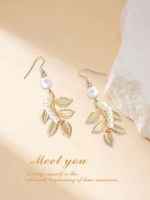 1 Pair Fashionable Gold Leaf Earrings, Pearl Earrings, Baroque Bride Greek Goddess Earrings - Gold - View 3