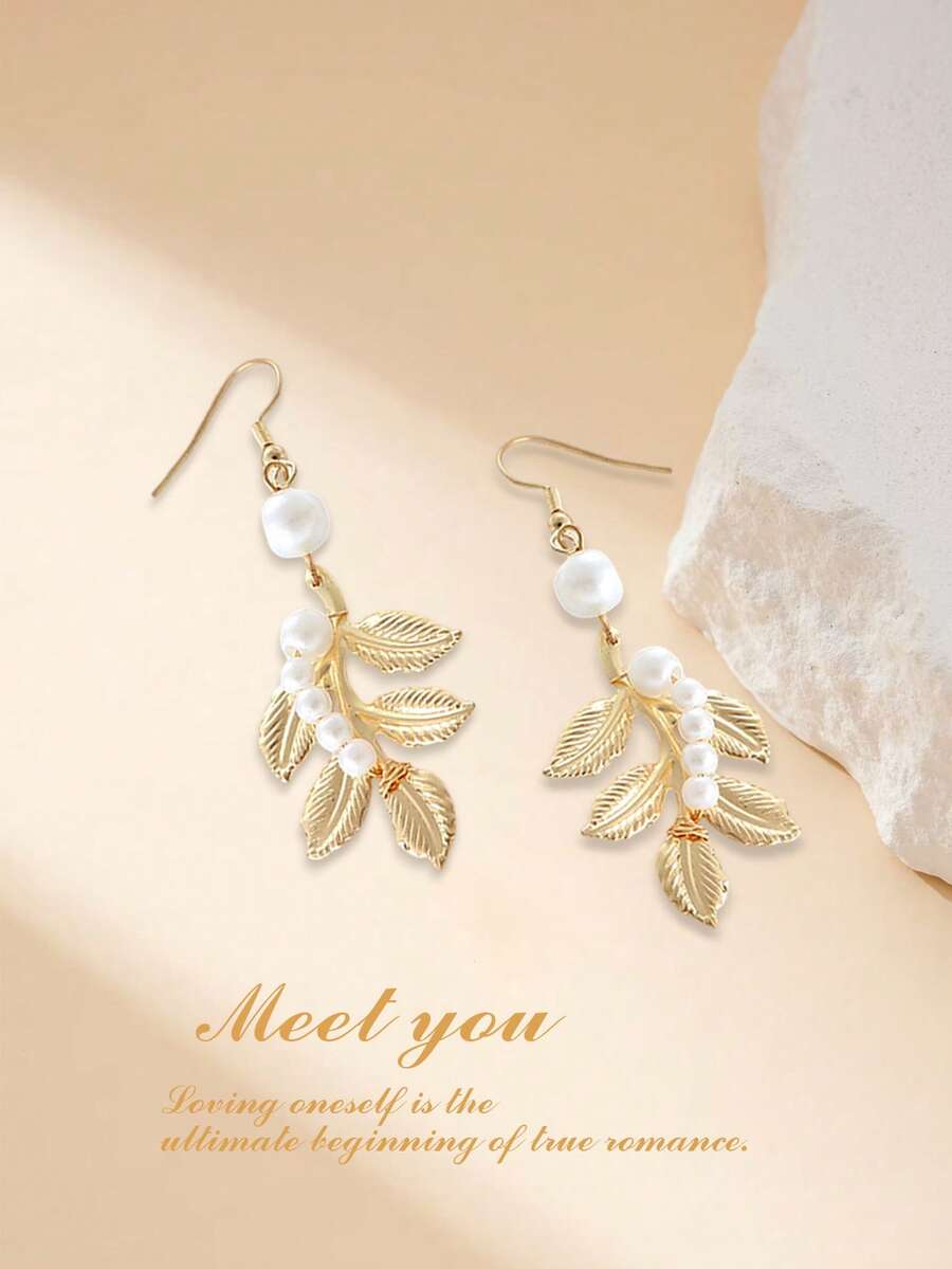 1 Pair Fashionable Gold Leaf Earrings, Pearl Earrings, Baroque Bride Greek Goddess Earrings - Gold - View 1