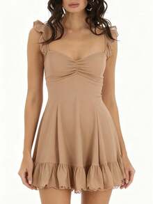 Ruffled Strap Mini Dress For Women Sweetheart Neck Ruched Bust A-Line Ruffle Hem Lace Trim Casual Summer Party Dress - 駝色 - 查看 1