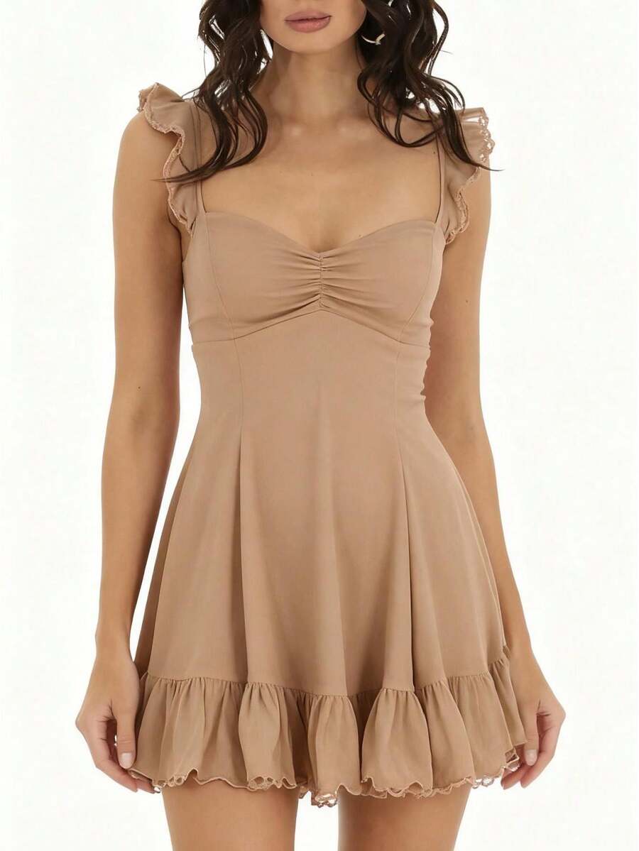 Ruffled Strap Mini Dress For Women Sweetheart Neck Ruched Bust A-Line Ruffle Hem Lace Trim Casual Summer Party Dress - 駝色 - 查看 1