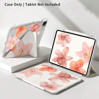 1个粉色花卉彩绘亚克力水晶平板电脑保护套，带支架，兼容三星、荣耀、苹果等品牌，可折叠防弯折，硅胶加固边角，自动唤醒/睡眠，内置笔槽，多角度可调节支架 - 完美日常保护，理想礼物