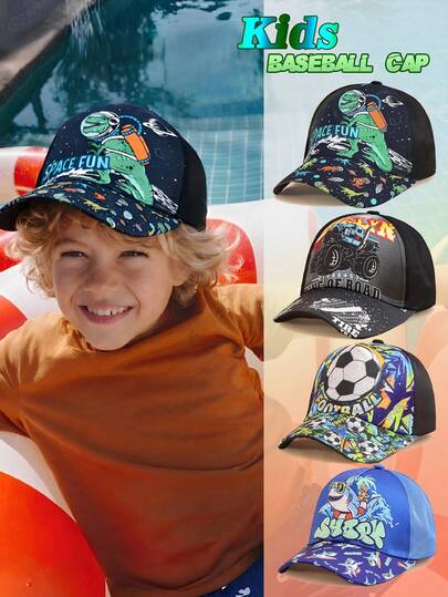 1 Stück Kinder Lustiger Cartoon Baseball Kappe, Dinosaurier/Fußball/Astronaut/Hai Muster, modischer leichter atmungsaktiver Sonnenschutzkappe für Jungen, ideal für Outdoor-Abenteuer und täglichen Gebrauch, tolles Geschenk für Kinder