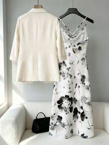 女士通勤休闲亚麻混纺单排扣七分袖西装外套和印花无袖中长连衣裙套装 - 杏色 - 查看 2