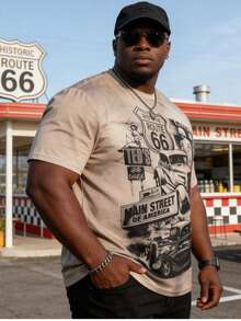 Men Plus Size Vintage Style T-Shirt With Route 66 Road Sign & Retro Car Print, Breathable Short Sleeve Top, Emo - Multicolor - View 2