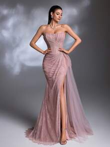 A Nude Pink Lace Ruched Strapless High-Slit Tulle Train Lace-Up Elegant Evening Gown - Rusty Rose - View 3