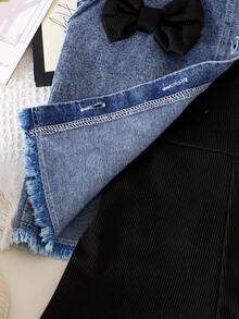 2pcs Girls Toddler Vintage Street Style 3D Bow Denim Vest + Solid Color Suspender Romper Set, Summer - Black - View 6