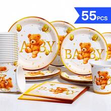 1 Conjunto de Pratos, Guardanapos e Copos Descartáveis com Balão Dourado e Urso de Pelúcia, Adequado para 10 Convidados, Suprimentos de Pratos de Papel Descartáveis para Festa de Aniversário, Casamento, Festa Temática, Piquenique Familiar - Multicolorido - Visão 1
