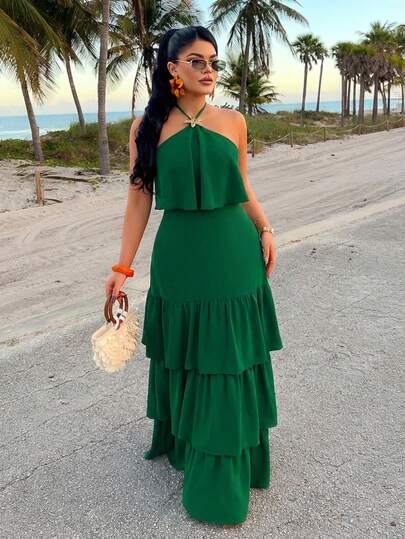 AIJ Vestido largo de mujer de unicolor con cuello halter sin tirantes - Cintura con diseño de estrella de mar, capas tipo pastel, con cordones, para vacaciones en la playa en primavera/verano