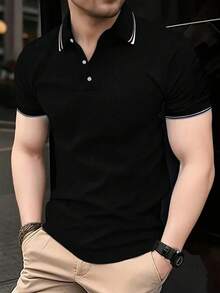 playera tipo polo hombre polo hombre Camisa polo casual de rayas de manga corta para hombre de verano, ideal para desplazamientos - Negro - Ver 1
