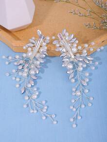 2pcs/Set Women's Handmade Pearl, Proteins & Glass Rhinestone Hair Clip For Bridal Wedding Headpiece, Elegant Sparkling Bohemian Casual Copper Alloy Bride Hair Accessories, All Season, Claw Clips,Summer,Holiday,Travel - Xanh đậm - Xem 5
