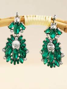 1 Pair Elegant Luxury Fully Rhinestoned Green Glass Drop Earrings, Fashionable High-End, Suitable For Women's Daily And Holiday Wear - Diamond Earrings - View 3