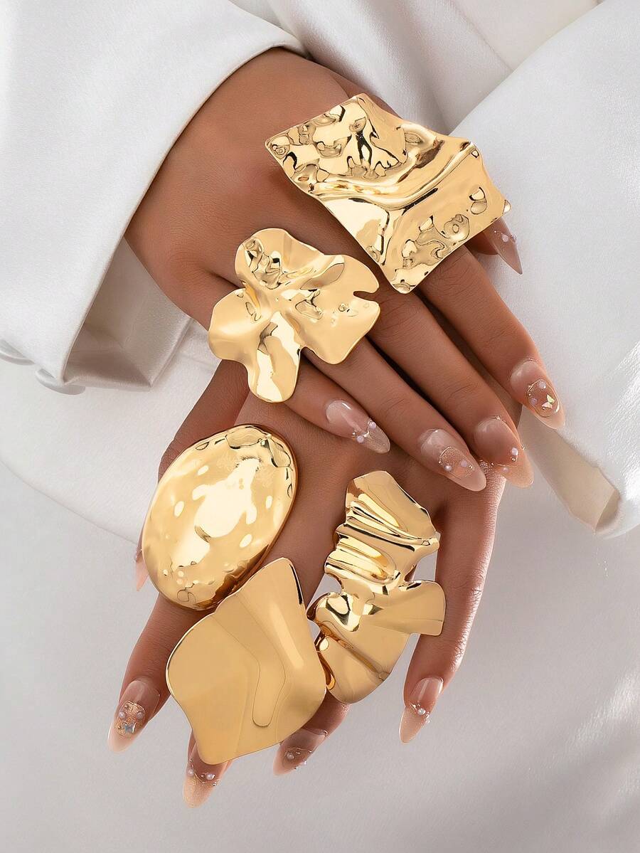 5pcs Oversized Gold Tone Organic Metal Exaggerated Ring Set, Thick Stackable Rings For Women Daily, Date, Party Jewelry - Gold - View 1