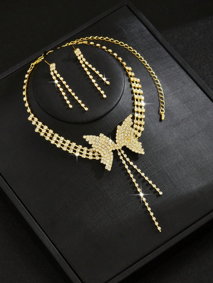 Butterfly Tassel Long Necklace, Earrings & Jewelry 3 PiecesSet, Minimalist Design, Party & Bridal Accessories - Gold - View 1
