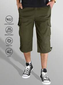 KEFITEVD Mens 3/4 Length Cargo Work Pants Cotton Twill Outdoor Hiking Shorts Ripstop Pants - Army Green - View 4