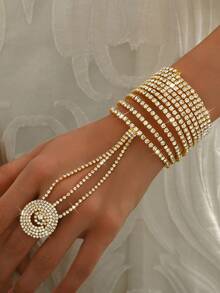 1 pieza Pulsera de cadena para dedo de cristal multicapa de moda, cadena de dedo elástica con strass brillante completa, accesorio de joyería nupcial, regalo - MS274 - Ver 3