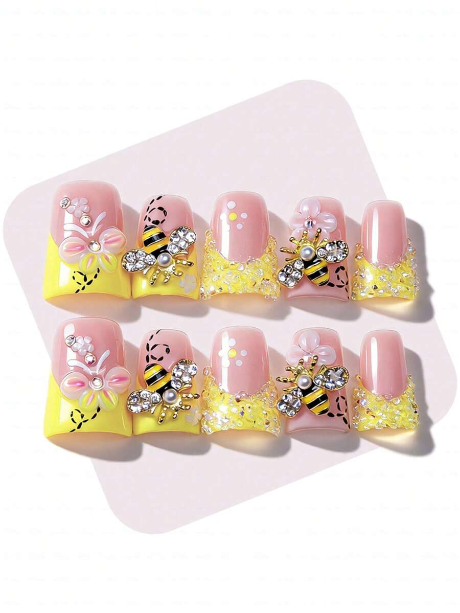 Premium Y2K Handmade 3D Carved Butterfly, Bee French Tip Press On Nails, Butter Yellow Sugar Frosted Rhinestones, Metal Charm Nail Art Set Summer Easter - Nhiều - Xem 1