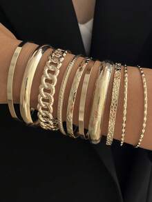13/11/10/1 Piece Vintage Casual Fashion Coin-Inspired Women Metal & Resin Bracelet Set, Includes Teardrop, Floral, Hollow, Asymmetrical Geometric, Smooth And Wide Designs, Suitable For Casual, Party, Gathering, Holiday Wear And Gift - Gold - View 11