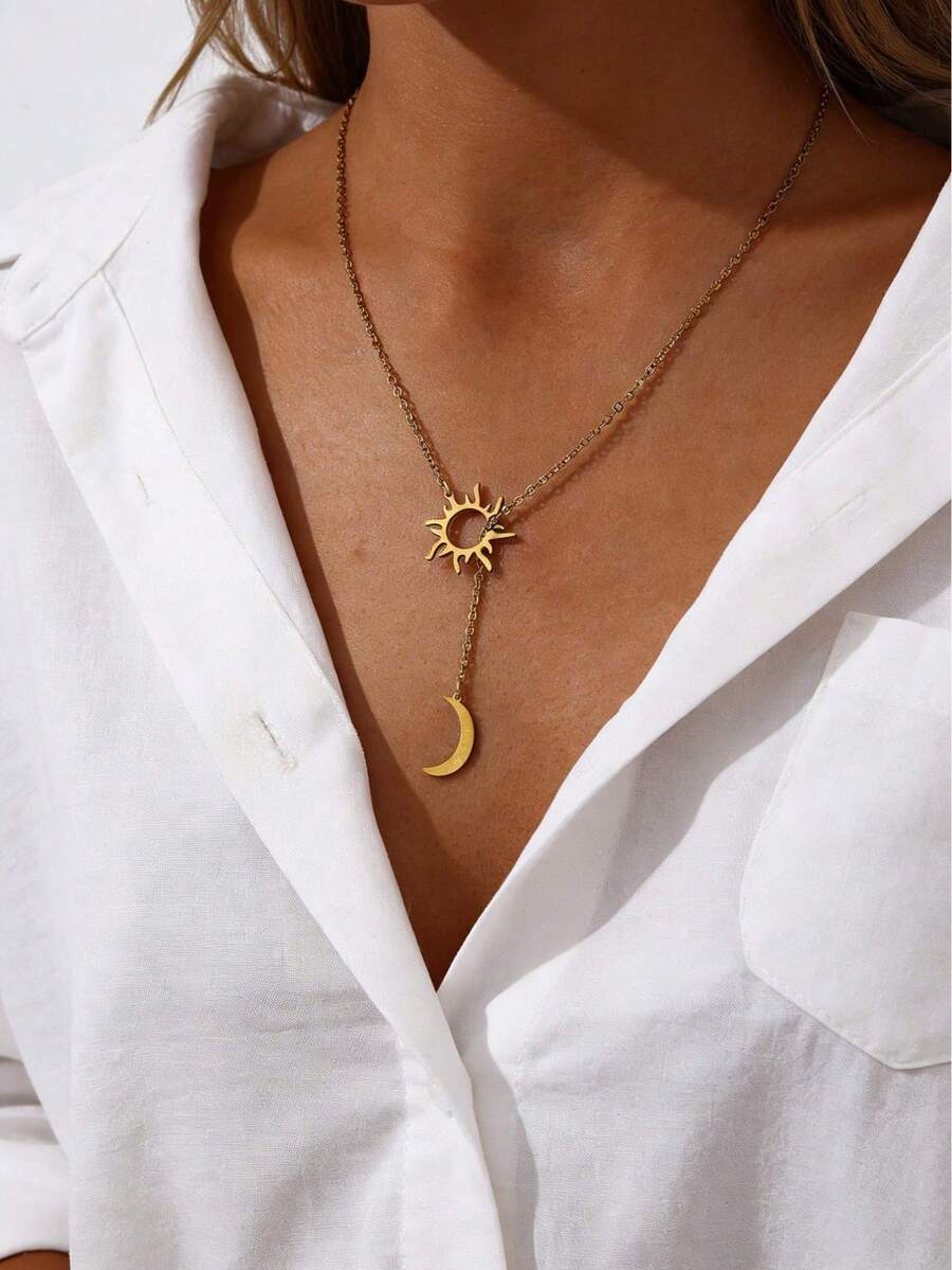 1 pieza Collar en Y con combinación de sol y luna, de estilo minimalista y elegante, adecuado para uso diario y vacacional de mujeres - Dorado - Ver 1