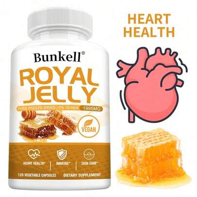  Bunkell  Royal Jelly 120 Capsules, 5% 10-HDA, 1995MG Per Serving, Heart Health, Skin Care And Immune Support, For Men And Women