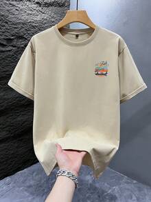Men's Graphic Print T-Shirt, Beach Summer Wear Loose Fit Short Sleeve Tee - Apricot - View 4