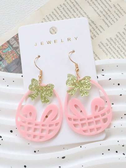 1 par de pendientes de Pascua de colores caramelo huecos de acrílico, con diseños de huevo, zanahoria, oreja de conejo y canasta de flores, regalo para fiesta festiva