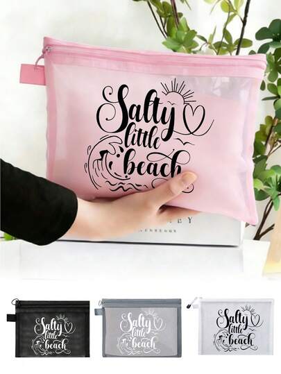 1个印有“Beach”字样的多色时尚沙滩包，大容量透明化妆包，尼龙拉链，轻便易携，可收纳防晒霜、零食、比基尼和沙滩必备用品。适合春夏季收纳，非常适合游泳、沙滩、潜水和夏季度假。
